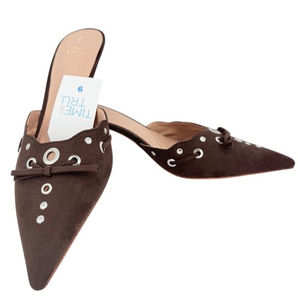 Time and Tru Women's Studded Kitten Heel Brown Mules Shoes Size 9 NWOB - Picture 2 of 11